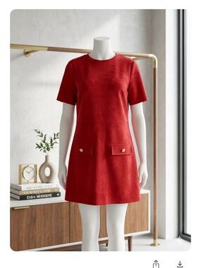 Zara Red Faux Suede Mod Mini Dress Gold Button 60s Shift L Office & Smart Casual